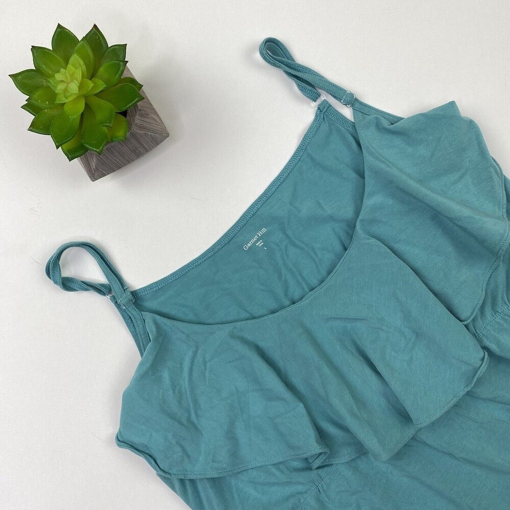 Garnet Hill Women's Spaghetti Strap Ruffle Maxi Dress‎ Size L Teal Blue Comfort